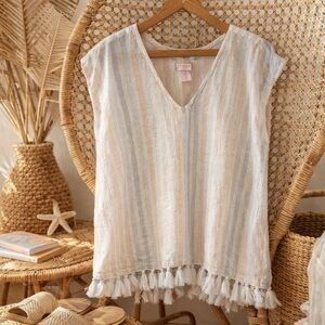 ST. TROPEZ Metallic Stripe Linen Tassel Hem Boho Top Size S